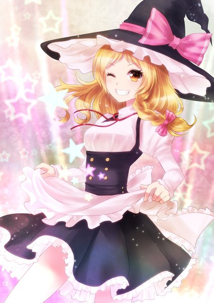 Anime picture 1071x1515 with touhou kirisame marisa nunucco long hair tall image blonde hair yellow eyes braid (braids) one eye closed wink girl bow star (symbol) apron witch hat