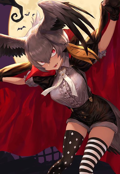Anime picture 700x1019 with kemono friends shoebill (kemono friends) guchico single tall image looking at viewer blush fringe short hair open mouth hair between eyes red eyes outdoors grey hair night fang (fangs) leaning leaning forward spread arms halloween