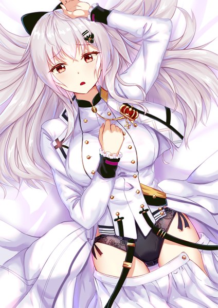 Anime picture 913x1292 with girls frontline iws-2000 (girls frontline) shailiar single long hair tall image looking at viewer blush fringe breasts open mouth light erotic hair between eyes red eyes large breasts silver hair lying pleated skirt arm up from above