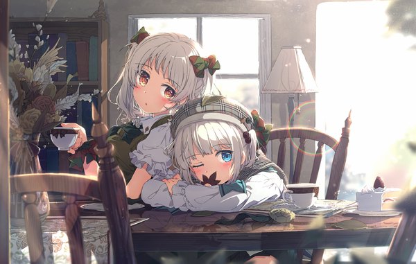 Anime picture 4480x2849 with original ogipote long hair looking at viewer blush fringe highres short hair open mouth blue eyes sitting twintails multiple girls holding brown eyes absurdres white hair indoors blunt bangs one eye closed