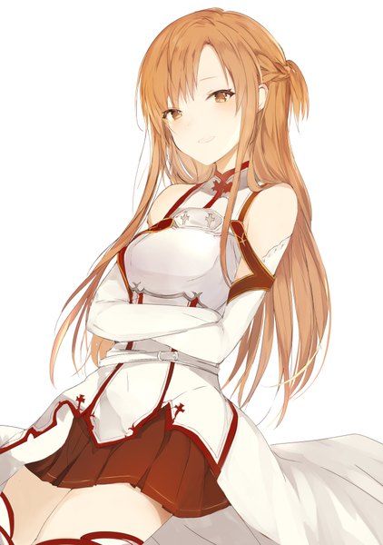 Anime picture 678x964 with sword art online a-1 pictures yuuki asuna lpip single long hair tall image looking at viewer blush fringe breasts simple background smile brown hair white background bare shoulders brown eyes braid (braids) parted lips pleated skirt