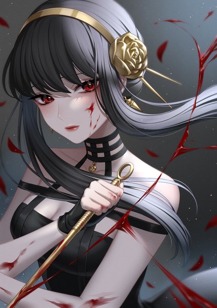Anime picture 848x1200 with spy x family yor briar ca yu single long hair tall image looking at viewer blush fringe black hair red eyes cleavage upper body lipstick red lipstick blood on face bloody weapon girl weapon earrings