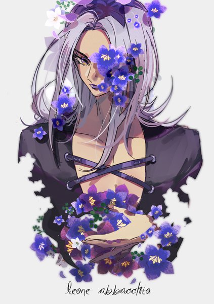 Anime picture 1000x1419 with jojo no kimyou na bouken leone abbacchio doran7280 single long hair tall image simple background brown eyes looking away silver hair upper body grey background character names lipstick covering eye (eyes) purple lipstick flower over eye boy flower (flowers)