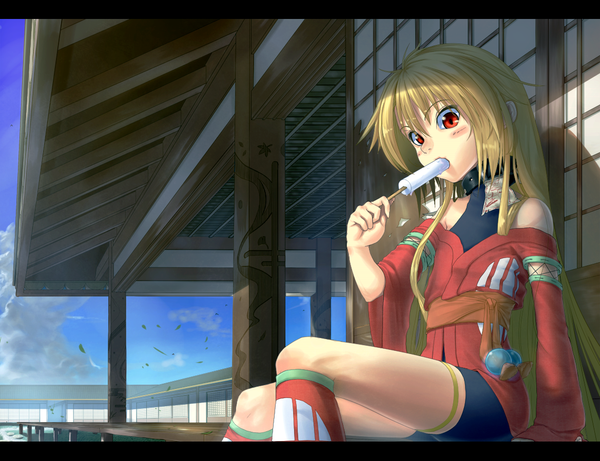 Anime picture 1169x900 with original mossari poteto (artist) single long hair blush blonde hair red eyes sitting eating girl food sweets ice cream