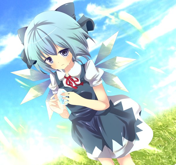 Anime picture 1500x1406 with touhou cirno stigma1101 short hair blue eyes blue hair sky cloud (clouds) tears girl bow plant (plants) hair bow wings grass