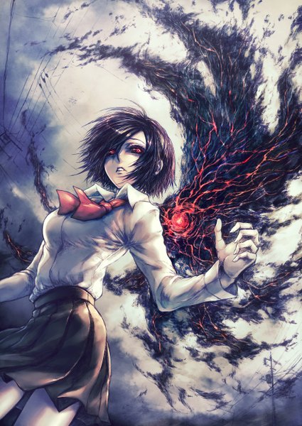 Anime picture 1771x2500 with tokyo ghoul studio pierrot kirishima touka lira mist single tall image looking at viewer highres short hair open mouth black hair red eyes standing long sleeves pleated skirt wind open collar black wings black sclera girl