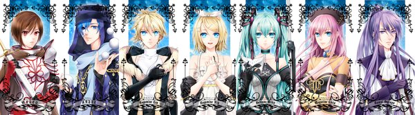 Anime picture 2337x650 with vocaloid hatsune miku megurine luka kagamine rin kagamine len kaito (vocaloid) meiko kamui gakupo cocoon (loveririn) long hair short hair breasts open mouth blue eyes blonde hair smile red eyes brown hair wide image twintails