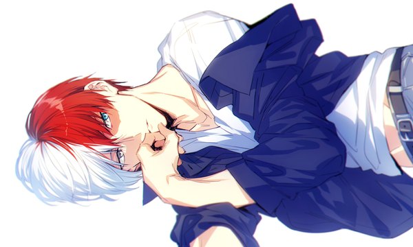 Anime picture 832x500 with boku no hero academia studio bones todoroki shouto hegi single fringe short hair blue eyes simple background hair between eyes wide image white background looking away upper body white hair red hair lying parted lips multicolored hair off shoulder