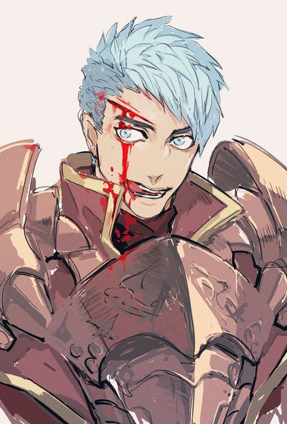 Anime picture 1386x2048 with fire emblem fire emblem: three houses nintendo caspar von bergliez ogata tomio single tall image fringe short hair blue eyes simple background blue hair looking away upper body licking blood on face boy tongue armor blood