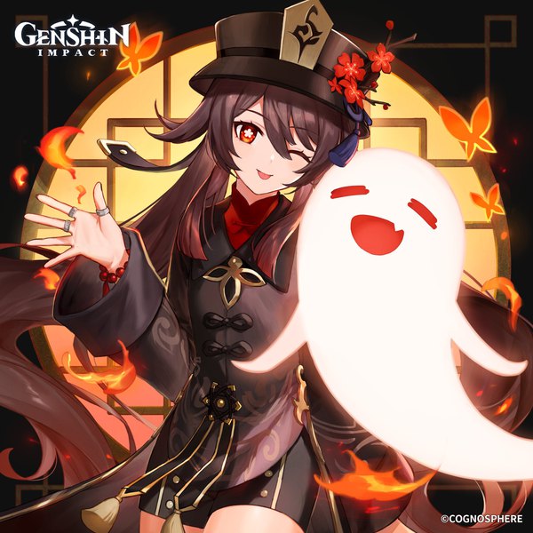 Anime picture 2500x2500 with genshin impact hu tao (genshin impact) boo tao (genshin impact) hou (ppo) single long hair fringe highres hair between eyes red eyes brown hair twintails one eye closed wink official art copyright name symbol-shaped pupils ghost girl hat