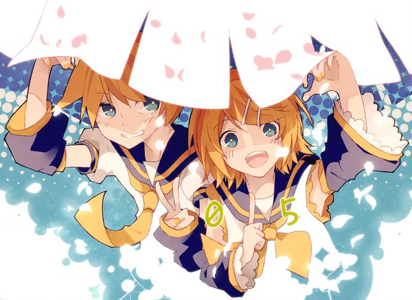 Anime picture 1100x803 with vocaloid kagamine rin kagamine len kita looking at viewer short hair blue eyes blonde hair looking away nail polish from above outstretched arm victory twins brother and sister 2015 yellow nail polish girl boy hair ornament