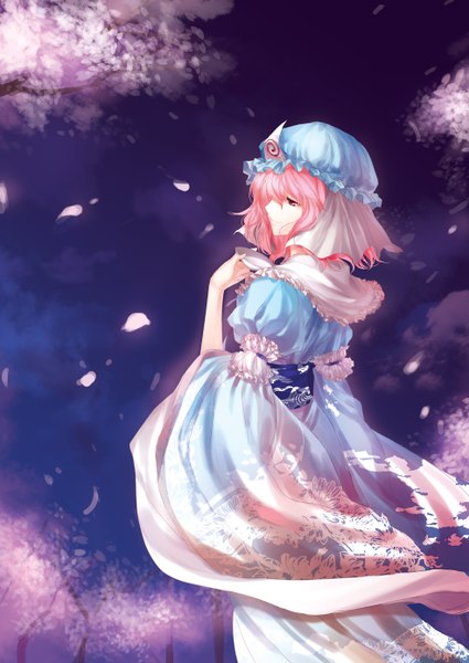 Anime picture 984x1390 with touhou saigyouji yuyuko irua single tall image short hair smile pink hair profile pink eyes wind night cherry blossoms girl dress plant (plants) petals tree (trees) bonnet