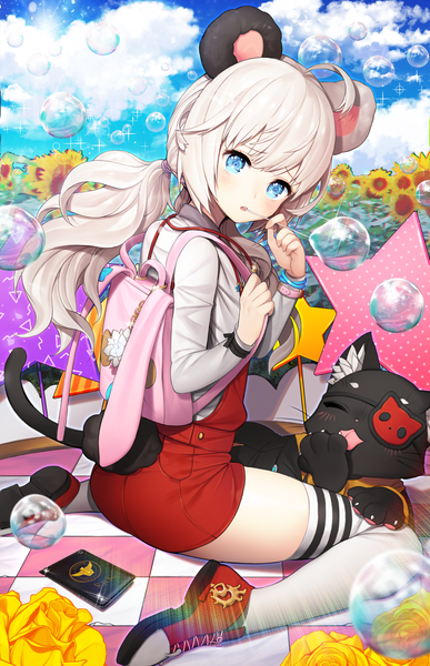 Anime picture 1500x2325 with blade & soul kuang (kzhw7588) single long hair tall image looking at viewer blush open mouth blue eyes sitting twintails holding animal ears sky silver hair cloud (clouds) full body ahoge outdoors long sleeves