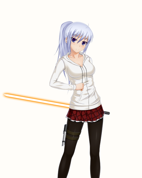 Anime picture 1680x2100 with star wars midnight (artist) single long hair tall image blue eyes simple background white background white hair ponytail girl weapon miniskirt