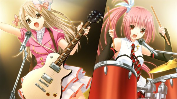 Anime picture 1280x720 with morobito kozorite (game) long hair open mouth blonde hair red eyes wide image multiple girls brown eyes pink hair game cg girl 2 girls microphone guitar