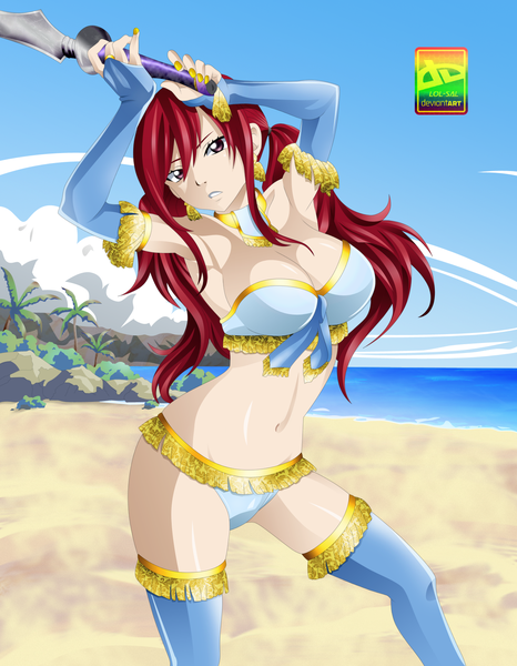 Anime picture 1244x1600 with fairy tail erza scarlet sal-88 single long hair tall image breasts light erotic large breasts brown eyes sky cloud (clouds) red hair nail polish armpit (armpits) midriff beach coloring girl thighhighs