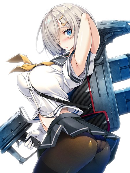 Anime picture 1200x1600 with kantai collection hamakaze destroyer torisan single tall image looking at viewer blush fringe short hair open mouth blue eyes light erotic simple background standing white background holding silver hair ass parted lips pleated skirt