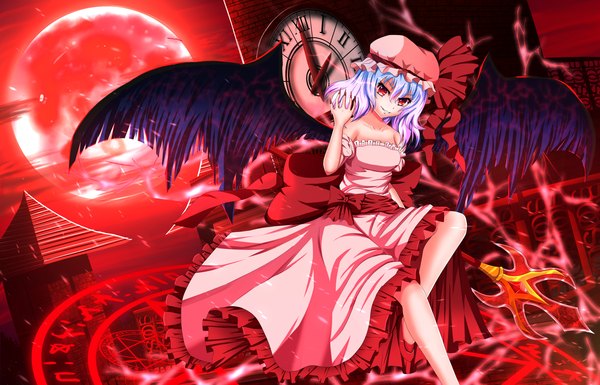 Anime picture 1966x1264 with touhou remilia scarlet ddfftasogare looking at viewer highres short hair smile red eyes blue hair magic red moon girl dress weapon wings bonnet magic circle