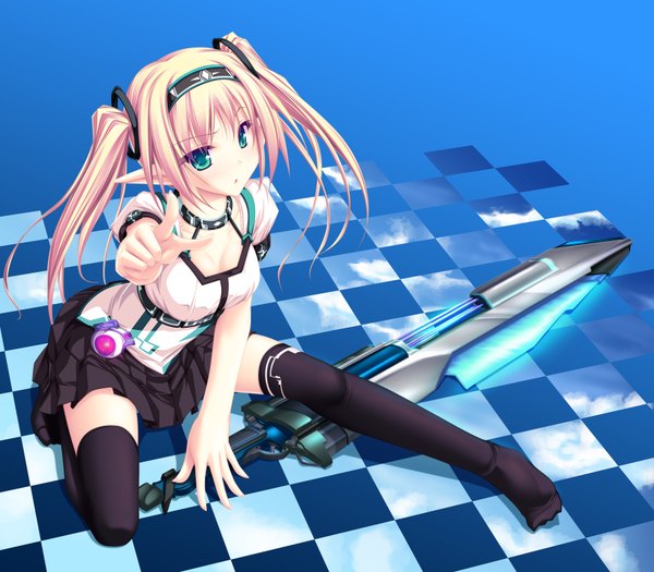 Anime picture 1600x1400 with tenmaso long hair blonde hair twintails green eyes pointy ears elf checkered floor girl thighhighs skirt weapon black thighhighs miniskirt hairband