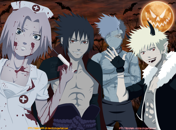 Anime picture 2200x1629 with naruto studio pierrot naruto (series) uzumaki naruto uchiha sasuke haruno sakura hatake kakashi highres short hair black hair smile red eyes green eyes pink hair silver hair white hair inscription multiple boys facial mark halloween