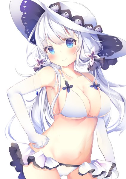 Anime-Bild 1512x2150 mit azur lane illustrious (azur lane) tsuruse single long hair tall image looking at viewer blush fringe breasts blue eyes light erotic simple background hair between eyes large breasts standing white background twintails cleavage white hair