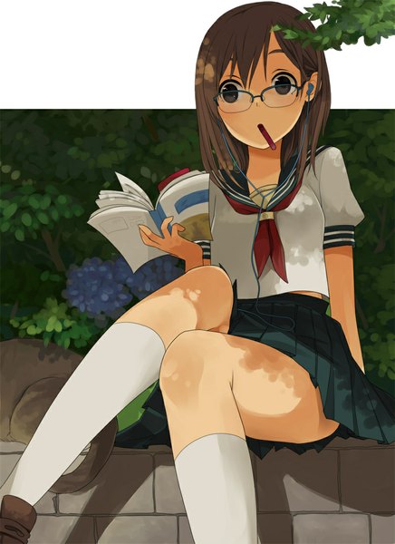 Anime picture 800x1100 with original hagihara asami long hair tall image looking at viewer brown hair black eyes girl skirt uniform school uniform animal socks glasses serafuku headphones book (books) white socks cat