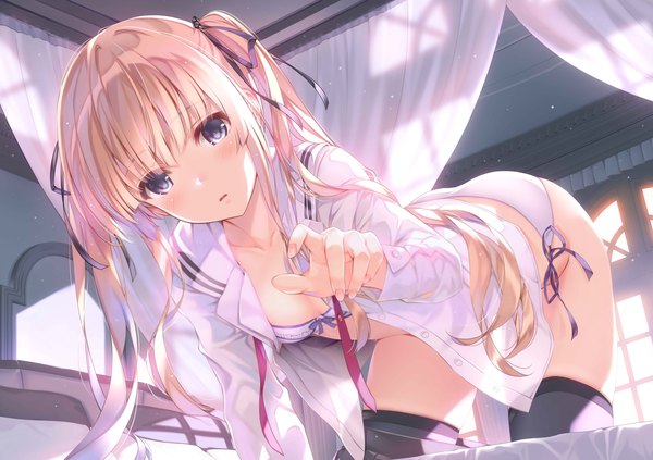 Anime picture 6144x4338 with saenai heroine no sodatekata a-1 pictures sawamura spencer eriri misaki kurehito single long hair looking at viewer blush fringe highres breasts open mouth blue eyes light erotic blonde hair twintails absurdres cleavage indoors blunt bangs