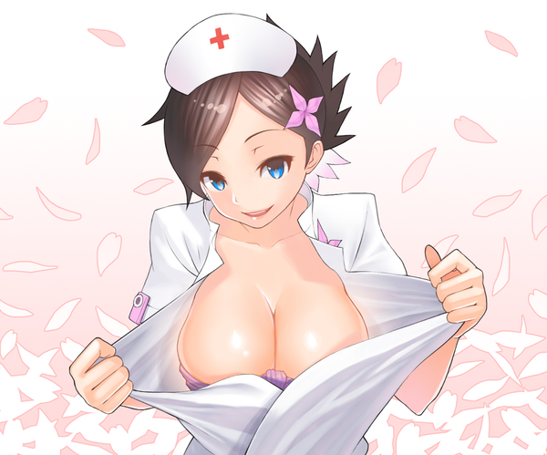Anime picture 1024x853 with yozakura quartet v juri f (tat) single looking at viewer short hair breasts light erotic black hair large breasts nurse girl petals nurse cap