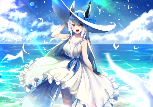 Anime picture 1500x1049 with original shiro youduki single long hair looking at viewer blush fringe breasts open mouth smile hair between eyes red eyes standing bare shoulders animal ears payot sky cleavage cloud (clouds) outdoors