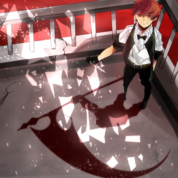 Anime picture 2000x2000 with kuroko no basket production i.g seijuro akashi single highres short hair red eyes standing yellow eyes red hair light smile shadow heterochromia light striped red background boy gloves shirt belt