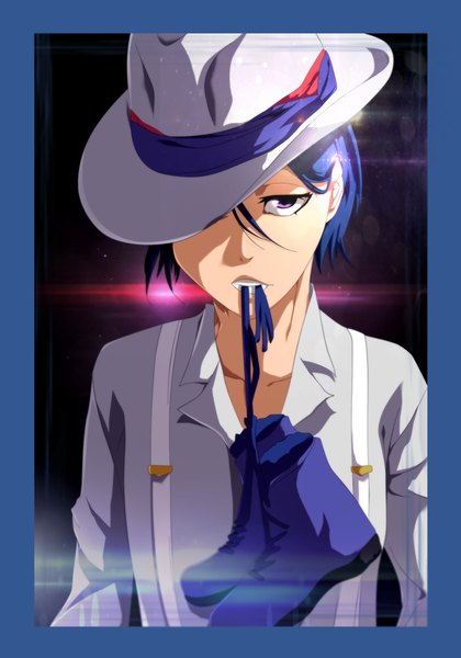 Anime picture 1851x2641 with bleach studio pierrot kuchiki rukia ironizer single tall image highres short hair purple eyes holding blue hair coloring mouth hold framed girl hat shirt suspenders