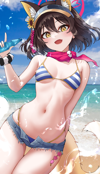 Anime picture 3000x5193 with blue archive izuna (blue archive) izuna (swimsuit) (blue archive) lds (dstwins97) single tall image looking at viewer blush fringe highres short hair breasts open mouth light erotic black hair hair between eyes standing animal ears yellow eyes sky