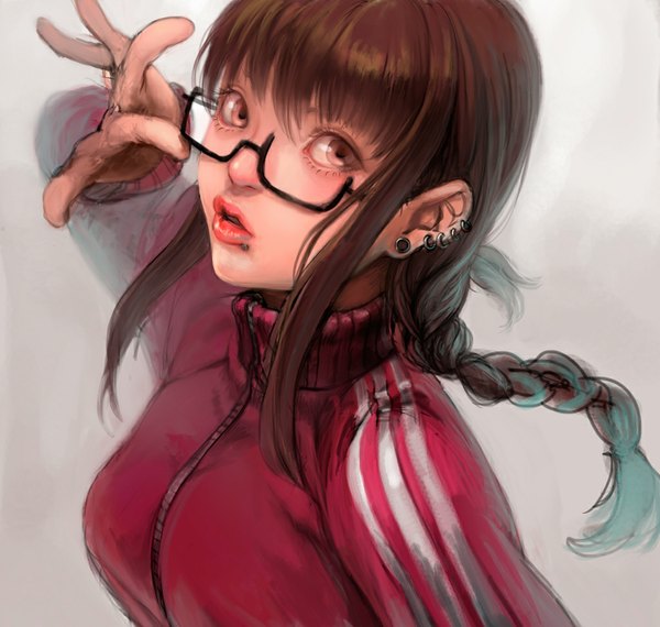 Anime picture 1024x973 with original mecchori single long hair simple background brown hair twintails brown eyes lips piercing ear piercing lip piercing girl uniform glasses gym uniform