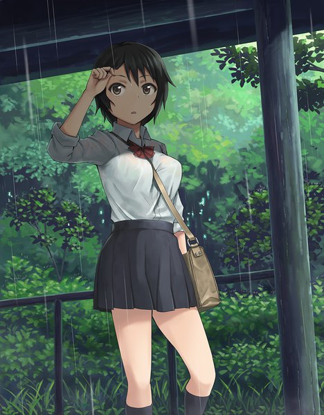 Anime picture 781x1000 with original hashi single tall image looking at viewer short hair black hair brown eyes rain girl skirt uniform school uniform shirt socks black socks school bag