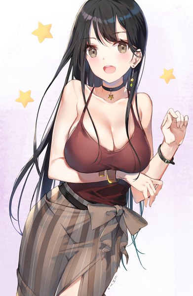 Anime picture 650x997 with original emyo single long hair tall image looking at viewer blush fringe breasts open mouth light erotic black hair simple background large breasts standing bare shoulders brown eyes signed cleavage teeth