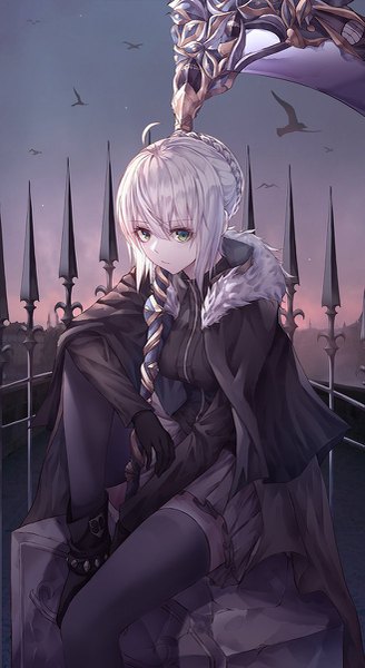 Anime picture 657x1200 with fate (series) lord el-melloi ii case files gray (fate) gray (lord el-melloi ii) minin982 single tall image looking at viewer fringe short hair hair between eyes sitting holding green eyes silver hair ahoge outdoors braid (braids) pleated skirt zettai ryouiki