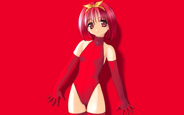 Anime picture 1920x1200 with to heart kamigishi akari norizou type-r highres short hair light erotic simple background red eyes wide image bare shoulders red hair light smile red background girl thighhighs gloves ribbon (ribbons) hair ribbon elbow gloves bodysuit