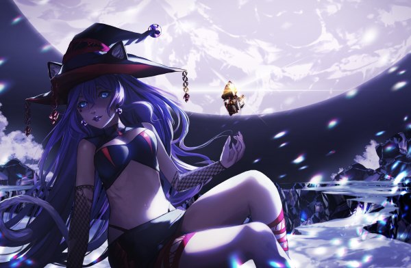 Anime picture 1200x784 with original a-line single long hair looking at viewer blue eyes light erotic animal ears blue hair tail animal tail cat ears cat girl cat tail halloween girl skirt navel hat earrings