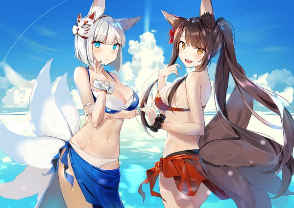 Anime picture 1121x794 with azur lane akagi (azur lane) kaga (azur lane) akagi (paradise amaryllis) (azur lane) kaga (everlasting killing stone) (azur lane) sabet (young ouo) long hair looking at viewer blush fringe short hair breasts open mouth blue eyes light erotic smile hair between eyes brown hair large breasts standing