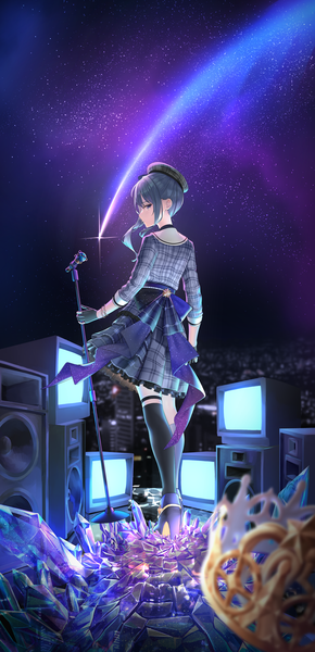 Anime picture 2225x4606 with virtual youtuber hololive hoshimachi suisei hoshimachi suisei (1st costume) nanaomi (ryniix) single long hair tall image looking at viewer highres blue eyes standing blue hair profile looking back from behind side ponytail asymmetrical legwear shooting star girl