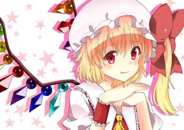 Anime picture 1158x816 with touhou flandre scarlet bajinappo single short hair blonde hair red eyes one side up girl bow hair bow wings headdress tongue crystal