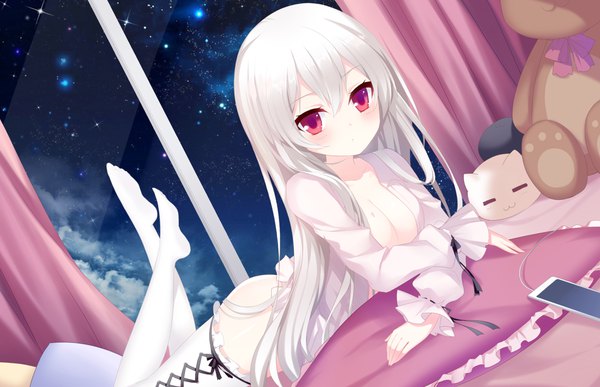 Anime picture 3960x2560 with niliu chahui tokisaki mio single long hair looking at viewer blush highres light erotic red eyes absurdres white hair lying night open shirt girl thighhighs shirt white thighhighs window toy