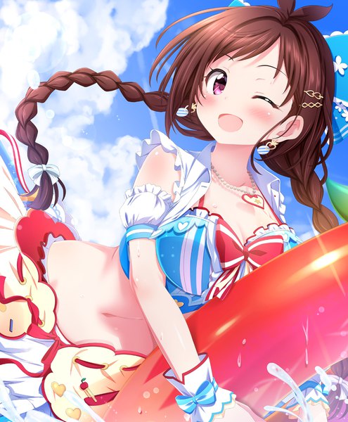 Anime picture 826x1000 with idolmaster idolmaster cinderella girls tsujino akari sui. (ayase) single long hair tall image looking at viewer blush fringe breasts open mouth light erotic smile brown hair standing holding sky cloud (clouds) outdoors