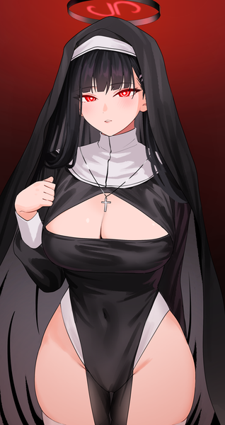 Anime picture 1860x3508 with blue archive rio (blue archive) nonbire single long hair tall image looking at viewer fringe highres breasts light erotic black hair simple background red eyes large breasts standing cleavage blunt bangs long sleeves parted lips