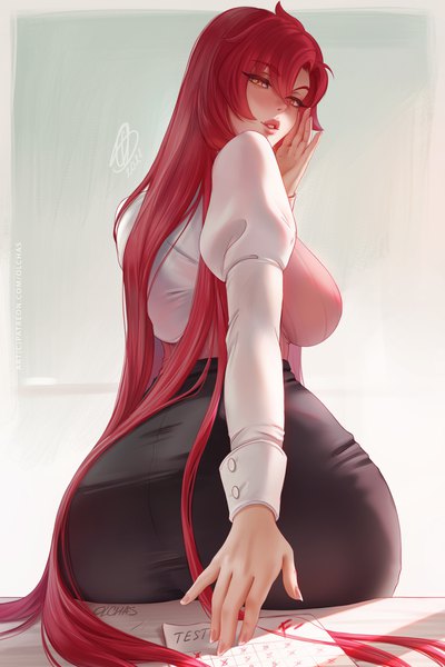 Anime picture 2600x3900 with tengen toppa gurren lagann gainax yoko littner olchas single tall image looking at viewer fringe highres breasts light erotic simple background hair between eyes large breasts sitting brown eyes signed ass red hair long sleeves