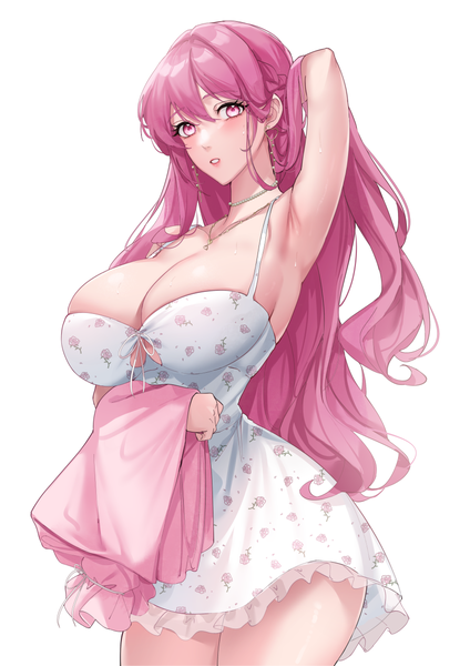 Anime-Bild 868x1228 mit koi ni tsuite 0.1-paasento shiren (koi ni tsuite 0.1-paasento) nu10040904 single long hair tall image looking at viewer blush fringe breasts light erotic simple background hair between eyes standing white background holding pink hair cleavage braid (braids) parted lips