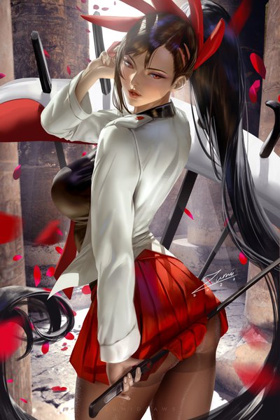 Anime picture 2339x3508 with tower of god ha yuri zahard zumi (zumidraws) single tall image looking at viewer blush fringe highres breasts light erotic black hair red eyes large breasts standing holding signed ponytail indoors long sleeves