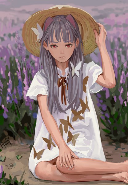 Anime picture 1000x1442 with original feiqizi (fkey) fkey single long hair tall image looking at viewer fringe red eyes sitting signed animal ears outdoors blunt bangs barefoot arm up grey hair blurry cat ears dark skin