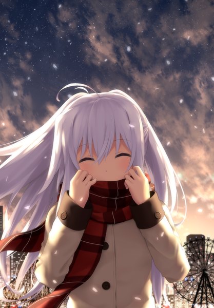 Anime picture 720x1035 with plastic memories isla (plastic memories) haribote (tarao) single long hair tall image blush fringe hair between eyes sky ahoge white hair eyes closed snowing ^ ^ girl jacket scarf plaid scarf ferris wheel