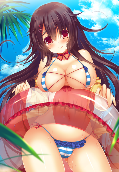 Anime picture 800x1150 with original suzunone rena single long hair tall image looking at viewer blush breasts light erotic black hair smile red eyes large breasts cloud (clouds) wet striped girl navel hair ornament ribbon (ribbons)